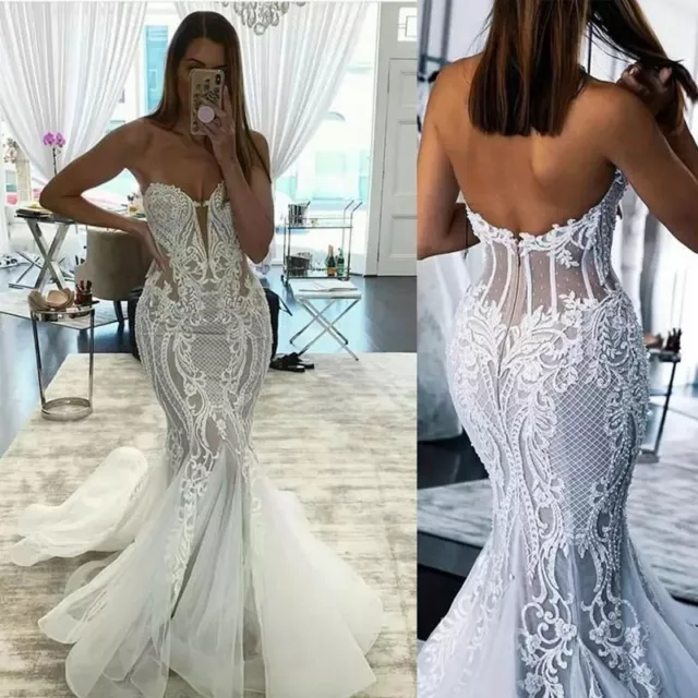 Beach Lace Wedding Dresses Mermaid Strapless White Ivory Sweep Train Bridal Gown 2