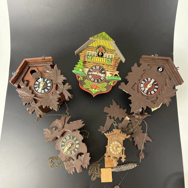 5 VINTAGE GERMAN Cuckoo Clocks Bird Novelty Wood Parts/Repair Black