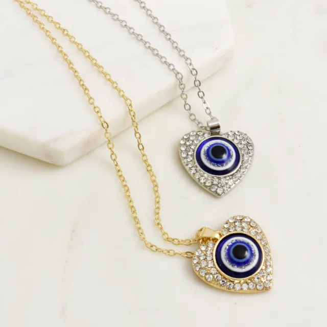 Evil Eye Love Heart Silver Gold Greek Mati Nazar Turkish Chain Pendant Necklace