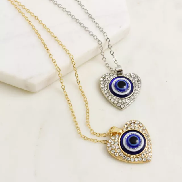 Evil Eye Love Heart Silver Gold Greek Mati Nazar Turkish Chain Pendant Necklace