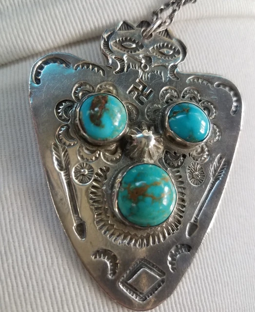 Vintage XL Fred Harvey Era pawn Silver Navajo pendant arrowhead, swastika,arrows