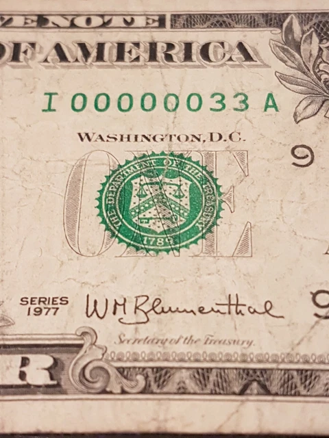 ➡➡1977 SUPER LOW 00000033A FANCY SERIAL NUMBER VF FR-1909-I $1 Minneapolis PMG