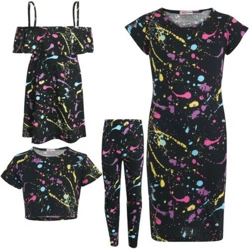 Bambine Top Corto Legging Spalla Scoperta Abito Pastello Splash Stampa Ventre