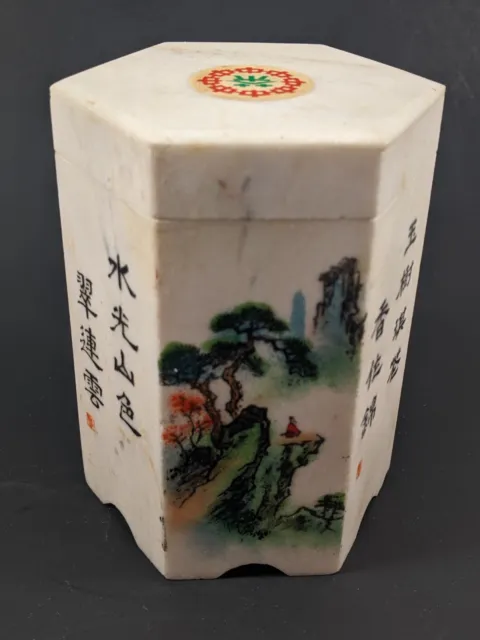 Vintage Chinese Stone Hand Decorated Hexagonal Tea Caddy / Box with Lid.