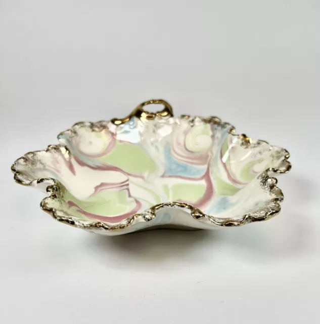 Vintage Mid Century Porcelain Trinket Candy Dish- Blue, Rose, Green, & Gold Trim