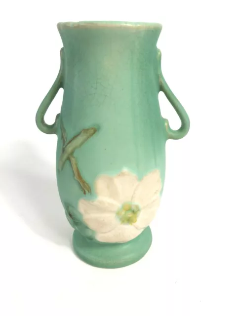 WELLER MATTE GREEN Arts and Crafts Pottery Vase Handles Dogwood Flower