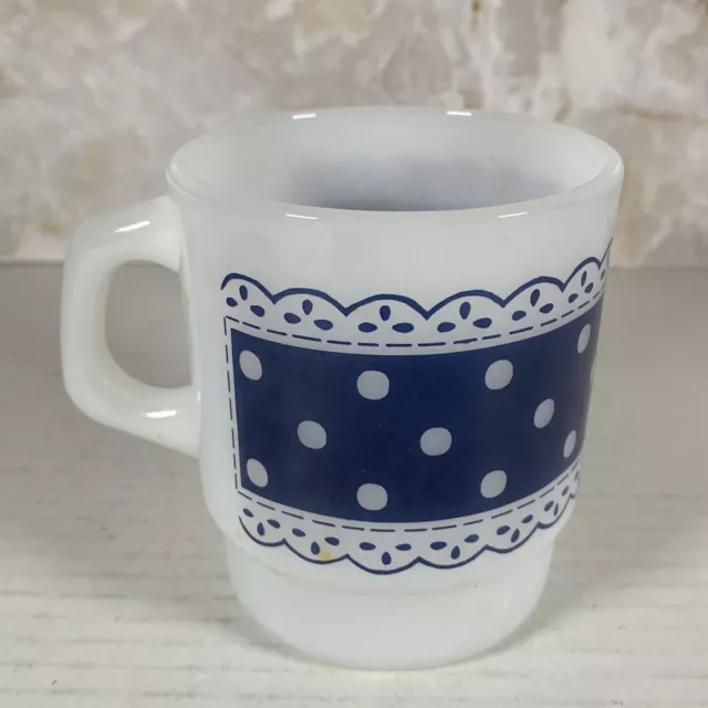 Anchor Hocking Fire King Blue Polka Dot Lace Coffee Tea Mug Cup Stackable 3 1/2" 3