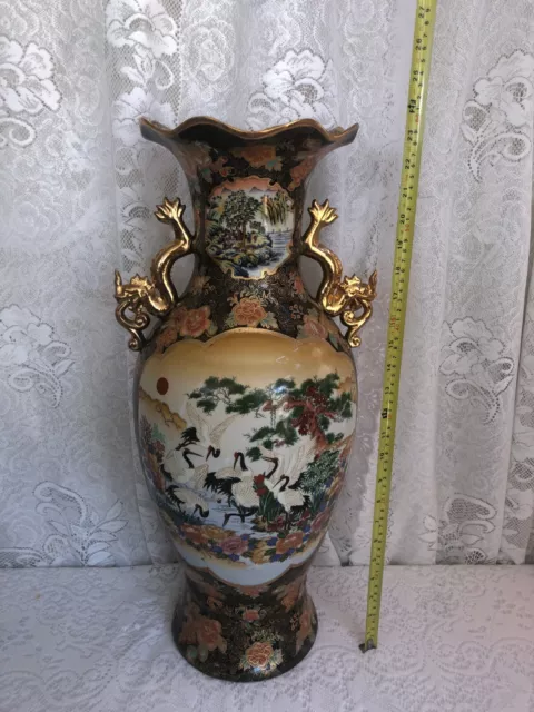 **** 24" Vintage Satsuma Hand Painted Gilded Golden Vase With Dragon Handle ****