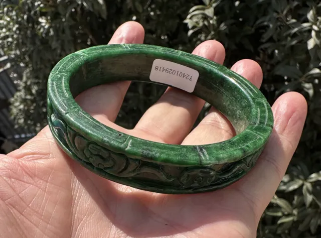 Certified Grade A Hand Carved Wide  Green jade jadeite bracelet bangle 63mm