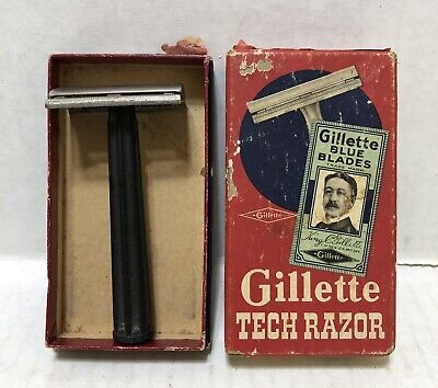 Vintage 1951 GILLETTE Black Handle Tech 3-Piece Safety Razor with Original Box
