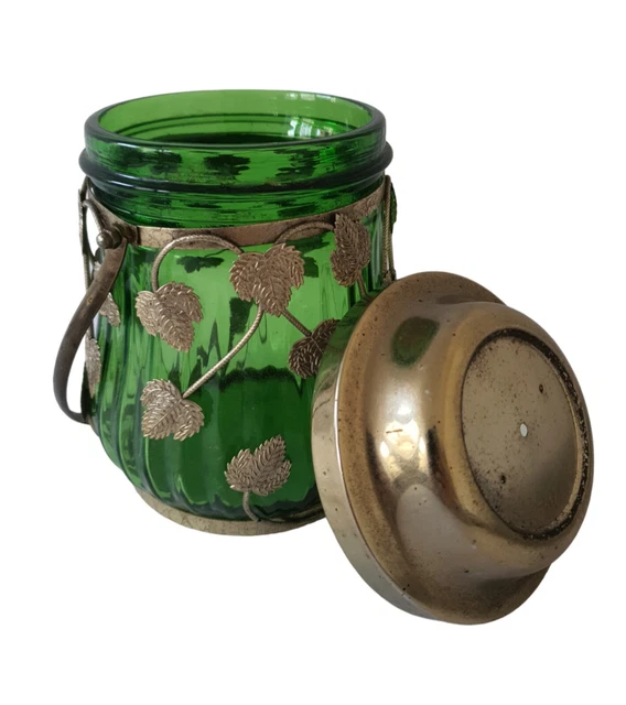 Ancien Pot à Biscuits Ou Bonbons En Verre Vert - Décor Feuille Métal - Occasion