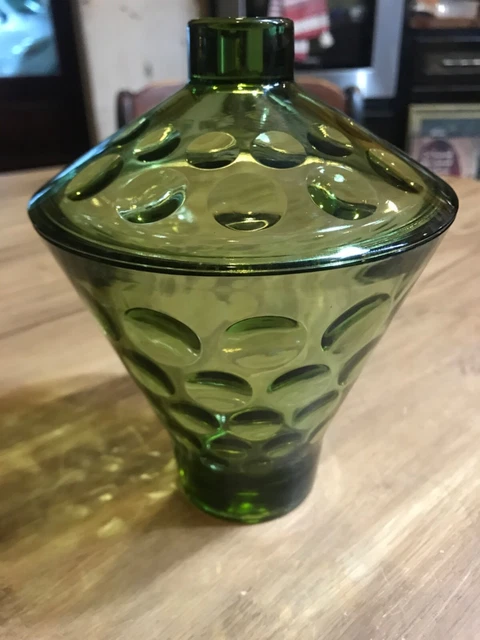 Vintage MCM Green Bubble Coin Dot Art Glass Candy Dish 7.5”Tall X 5.5” With Lid