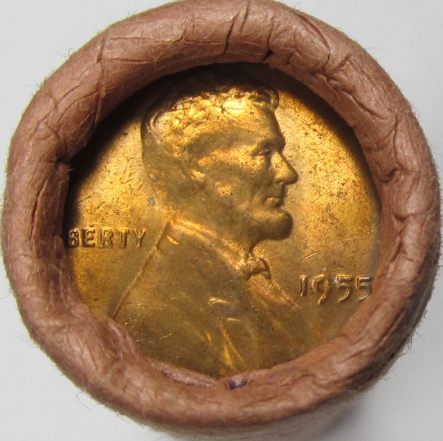 1955 P Lincoln Cents/Wheat Penny Original Bank Wrapped BU Roll of 50 Pennies OBW