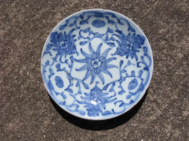 Antique Chinese porcelain plate lotus design 19thC Qing Dynasty 5.5 inches blue