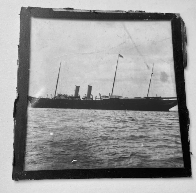 Antique Glass Slide Ship -2 Funnel 3 Mast Possibly Passenger Ship Victorian ?