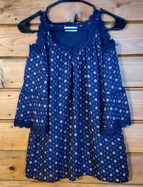 Knit Works Girls Blue Floral Polka Dot Cold Shoulder Blouse Size xl-16 Shirt