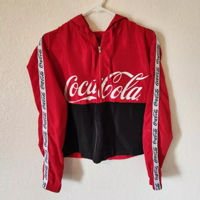 Coca-Cola Womens Cropped Windbreaker Jacket Size Medium Hooded Lightweight