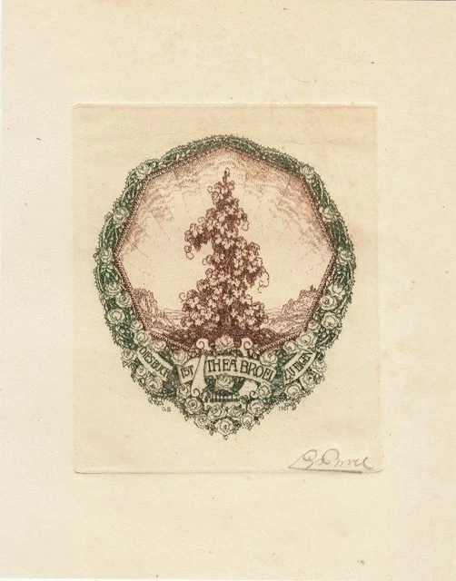 Bookshelves bookplate etching Georg Broel 1884-1940 vineyard roses rocks