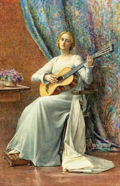 Hand painted Oil painting Henry Meynell Rheam Nice young woman playing Guitar