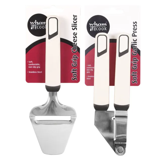 Cheese Slicer + Garlic Press Cream Set Stainless Steel Soft Grip Handle Kitchen