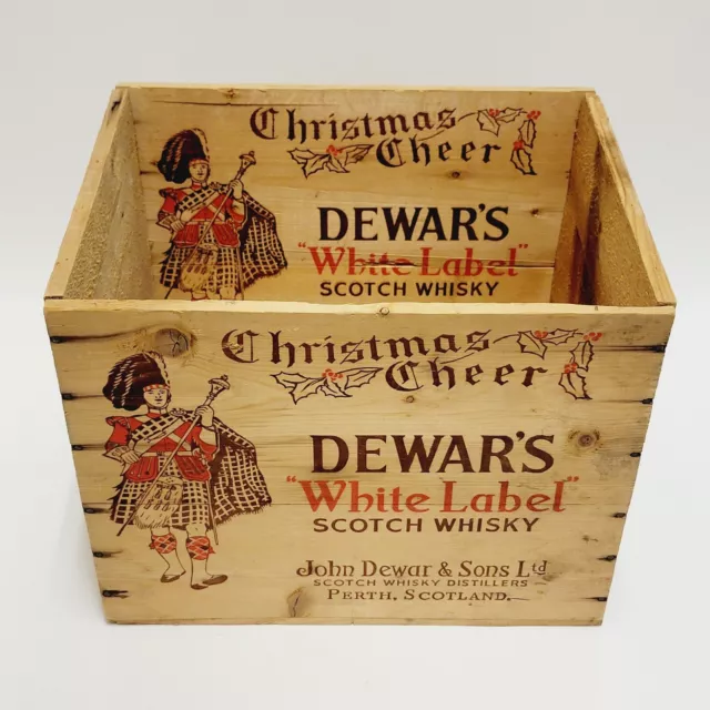 Dewars White Label Scotch Whisky Christmas Cheer Wood Liquor Shipping Crate Vtg