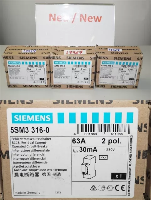 Siemens 5SM3316-0 Interruttore Differenziale 63A 2 Piscina Residua Corrente