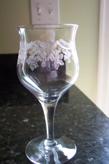 Tiffin Clear Glass Elegant Etched Water Goblet with Lilies on a Swag Stem 14179