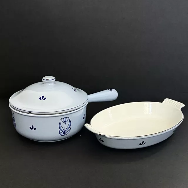 DRU Tulips Enamel Cast-Iron Blue  QT/Sauce Pan Pot Lid & Casserole Dish Holland