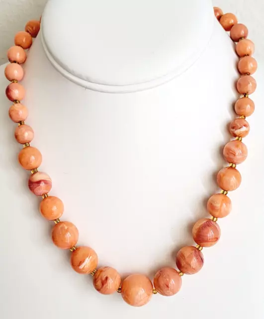 Peach Coral Color Marbled Acrylic Graduated Bead Necklace Seedbead Space 16"