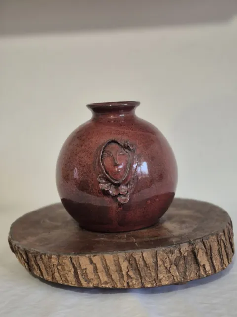 Ancien Vase Boule Saint Léger Terre Cuite Émaillée Bordeaux 17cm
