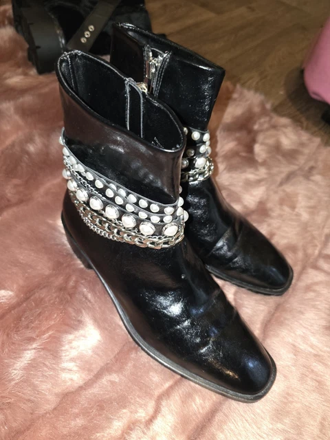 ZARA CHAIN Pearl Embellished Ankle Boots Size 4 37 Black Faux Leather Vgc 20.00 PicClick UK