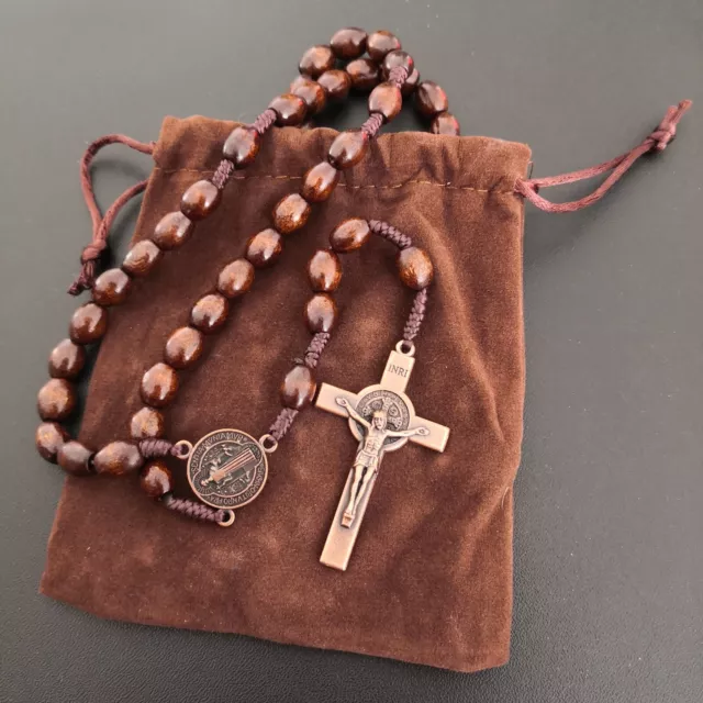 Vintage Wooden Rosary Beads Catholic Prayer Necklace & Cross Christian Crucifix