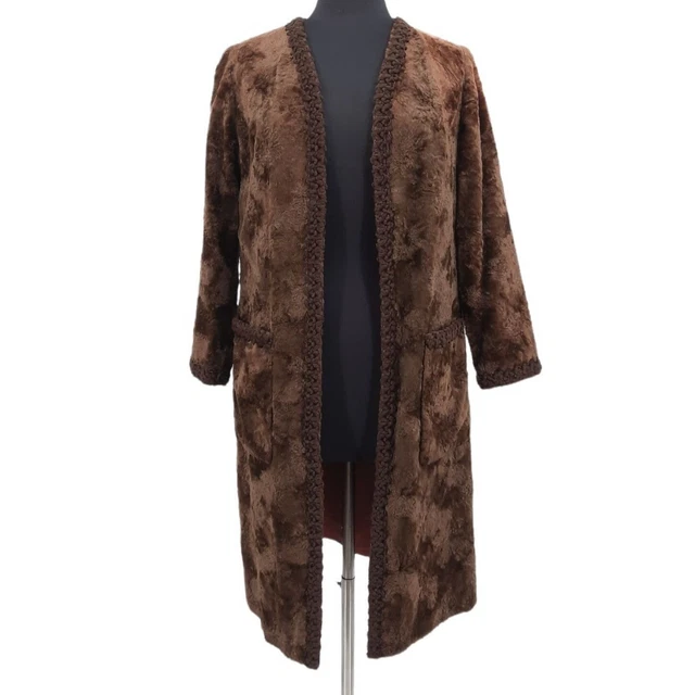 VTG 70s Brown Faux Fur Persian Curly Lamb Collarless Open Front Long Jacket M