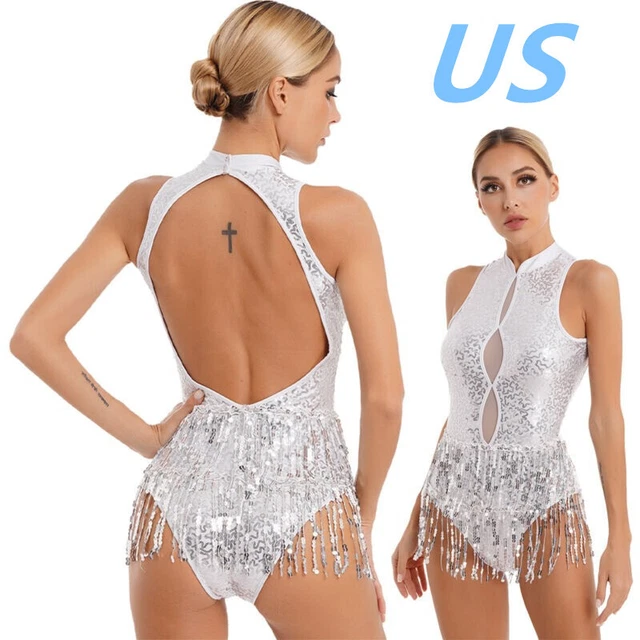 US Women Sequins Tassel Leotard Dress Latin Samba Cutout Bodysuits Dance Costume