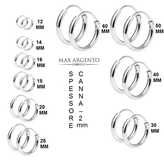 Orecchini a Cerchio Cerchietto Argento 925% Uomo Donna Misura 2mm x 12 a 30mm 3