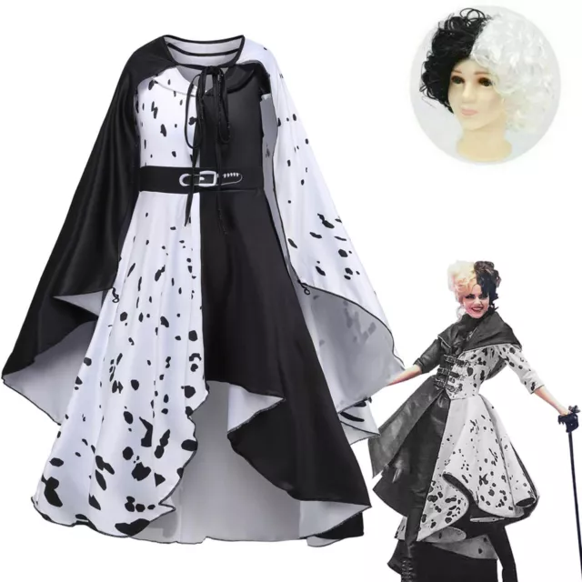 Girls Kids Cruella de Vil Costume Fancy Dress Wig Halloween Cosplay Party Outfit