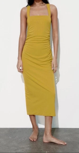 knee length dresses for ladies Zara Mustard Yellow Sateen Button Down Dolman Sleeve Midi Blouson Shir   Brie