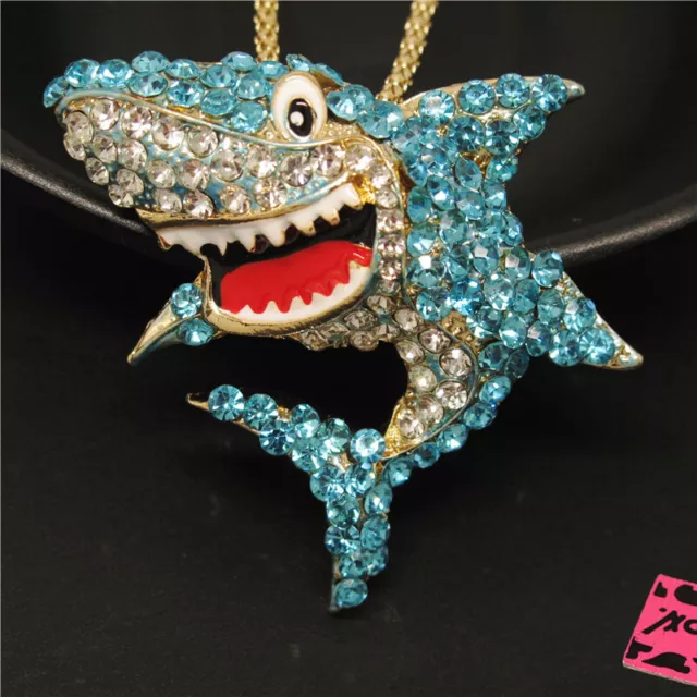 Betsey Johnson Blue Cute Shark Bling Rhinestone Pendant Girls Necklace