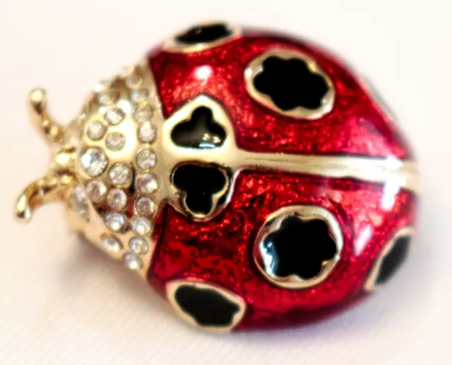 Red & Black Enamel & Crystals Lady Bug Gold Tone Brooch Pin.
