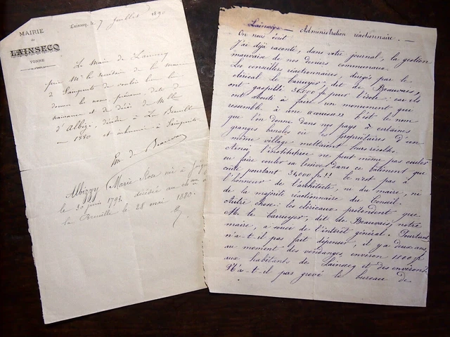 1845 lettre anonyme  contre l'administration de Mr de Beauvais maire de LAINSECQ