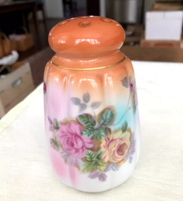 vintage 5" TALL PORCELAIN MUFFINEER, SUGAR SHAKER w/ CORK, HAND PAINTED ROSES