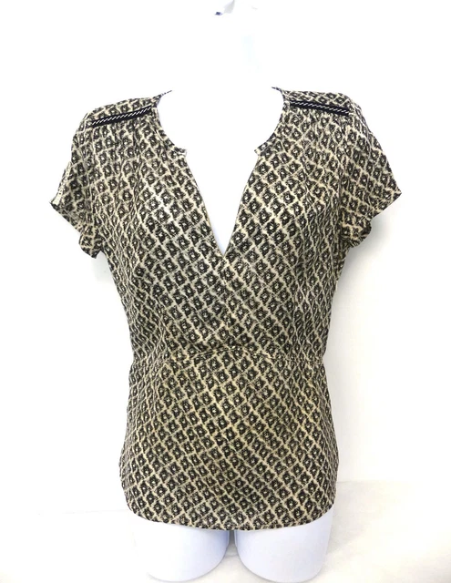 Top Chemisier IKKS Taille S - Imprimé Géométrique Doré/gris/blanc - Occasion Très Bon état - Style Basique