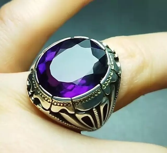 Natural Amethyst Gemstone With 925 Sterling Silver Ring For Men's Handmade Ring