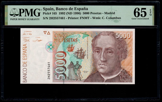 Spain 5000 Pesetas, 1992 (ND 1996), p-165, PMG 65 EPQ Gem Uncirculated