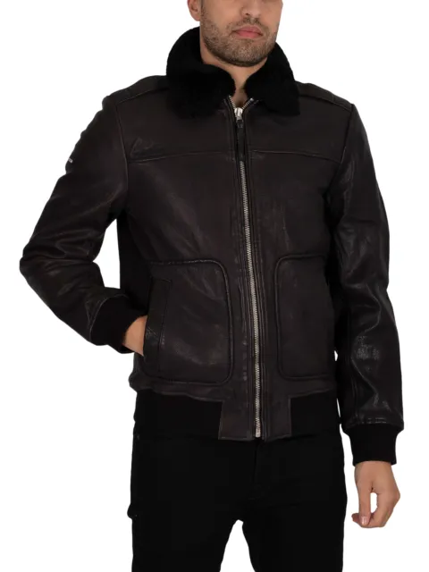 Superdry Men's Aviator Flight Leather Jacket, Black