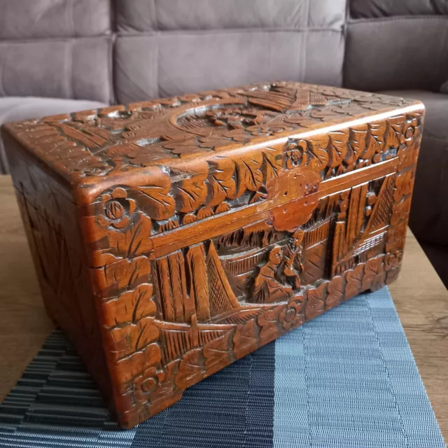 Antique Vintage Handmade Hand Carved Hard Wood Treasure Chest Trunk Box