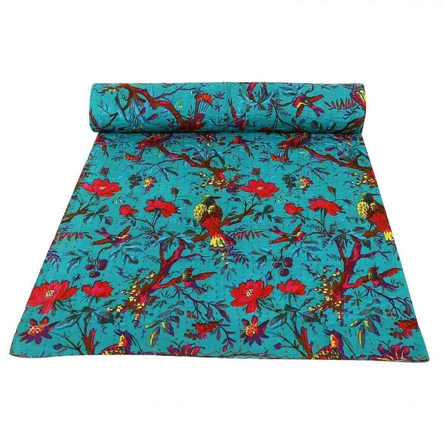 Manta de edredón Kantha hecha a mano india colcha doble estampada para pájaro