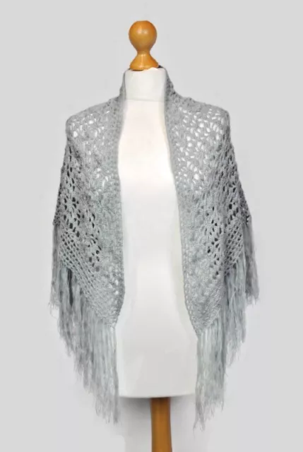 Vintage Hand Crochet Grey Lace Tassel Warm Shawl Wrap