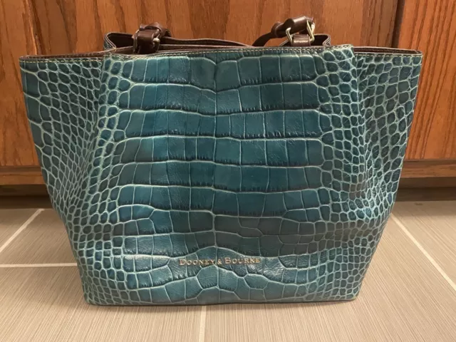 Dooney & Bourke Large Teal Croc Embossed Leather Shoulder Tote Purse Handbag