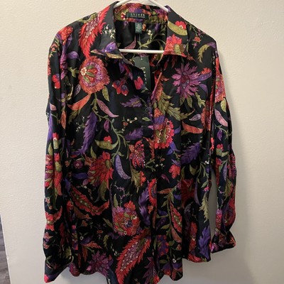 Lauren Ralph Lauren Womens size 3x Black Floral Long Sleeve Button Up Shirt NWT